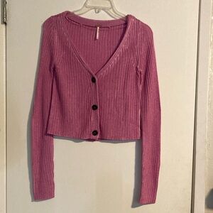 Free People Pink Ribbed Button-Up Cardigan